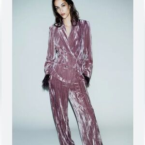 Zara Shimmering Purple Blazer with Feathered Cuffs and matching pant SET